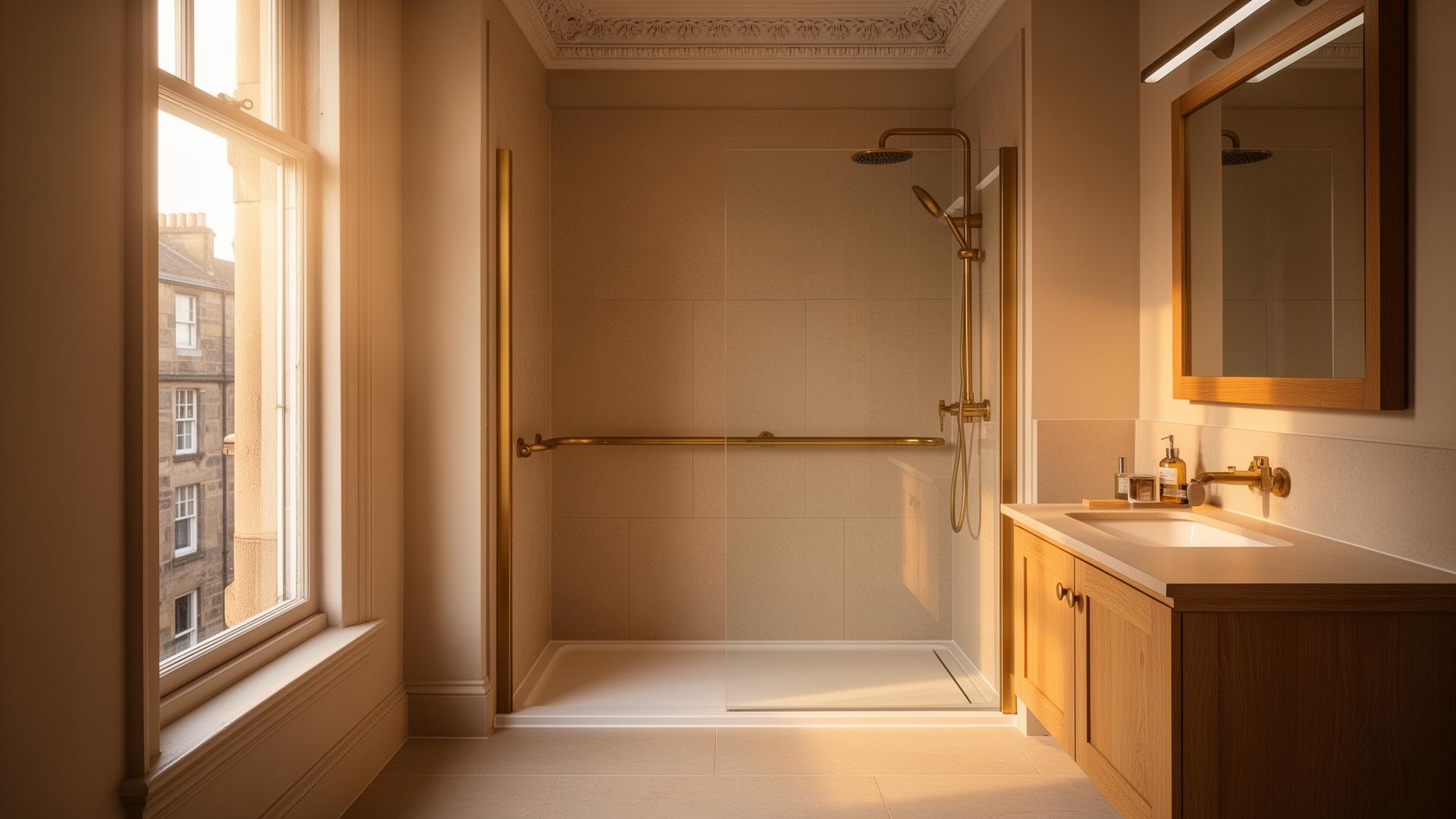A warm, light-filled Edinburgh bathroom with a level-access shower and elegant brass grab rail